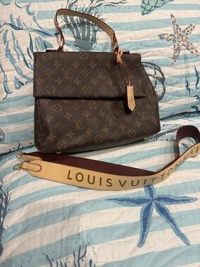 DESIGNER INSPIRED - Cluny  Mono Satchel with Tan Strap and Burgundy Trim